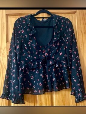 H&M Sheer Black Floral Ruffle Blouse Tie Front Peplum Top Size M